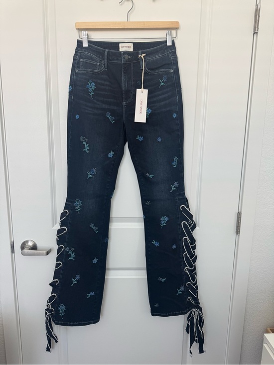 DRIFTWOOD Denim - DRIFTWOOD Farrah Flare Leg Lace Up Jeans Sequined Floral Embroidery